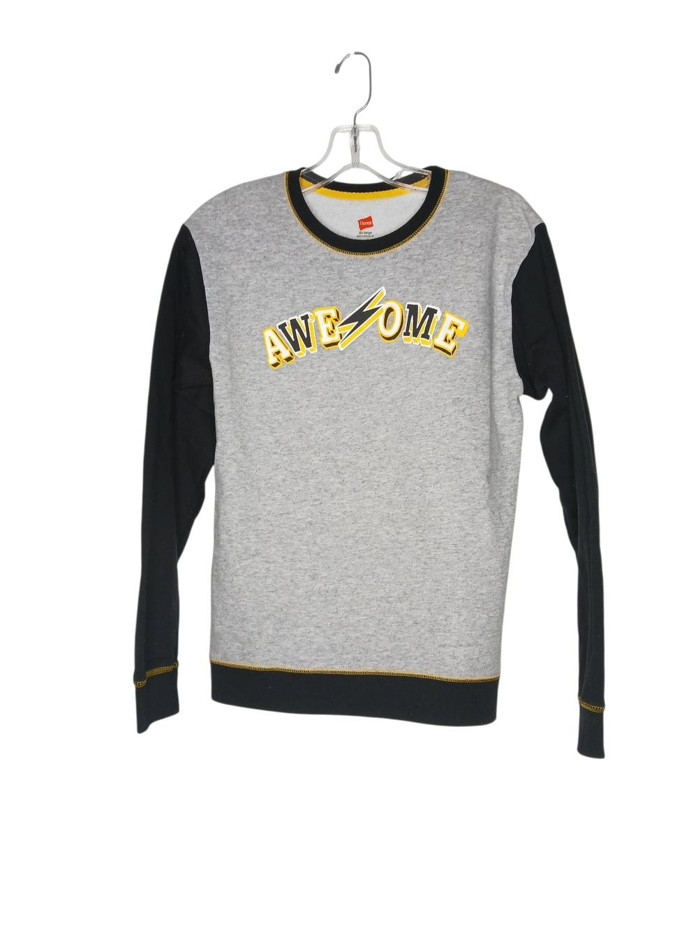 Hanes Boys Grey & Black Crewneck Sweater with Yellow 'AWESOME' Logo
